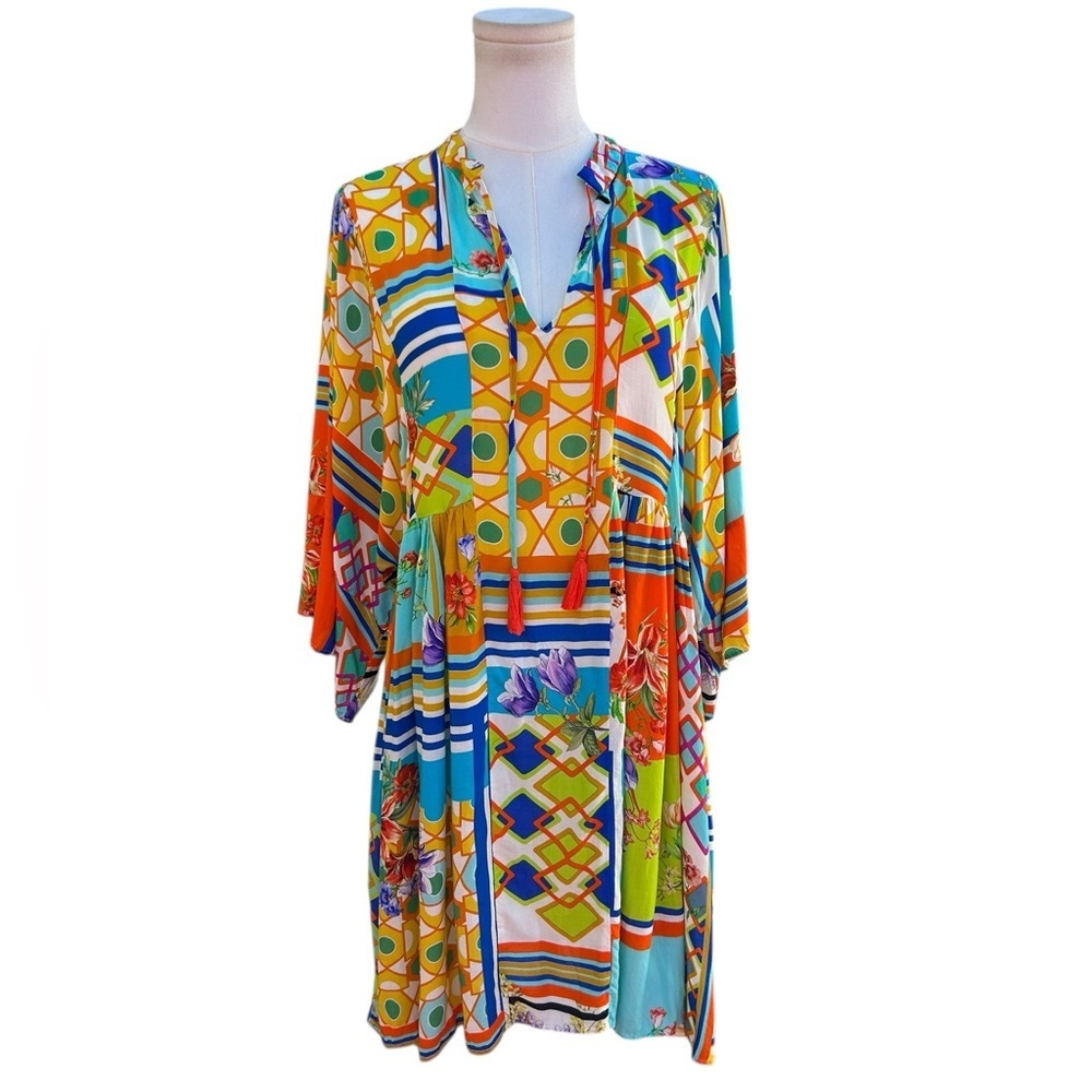 Johnny Was Mixi Short Kaftan Mini Dress Kimono Sleeves Beach Boho Tassels Small - Picture 7 of 14